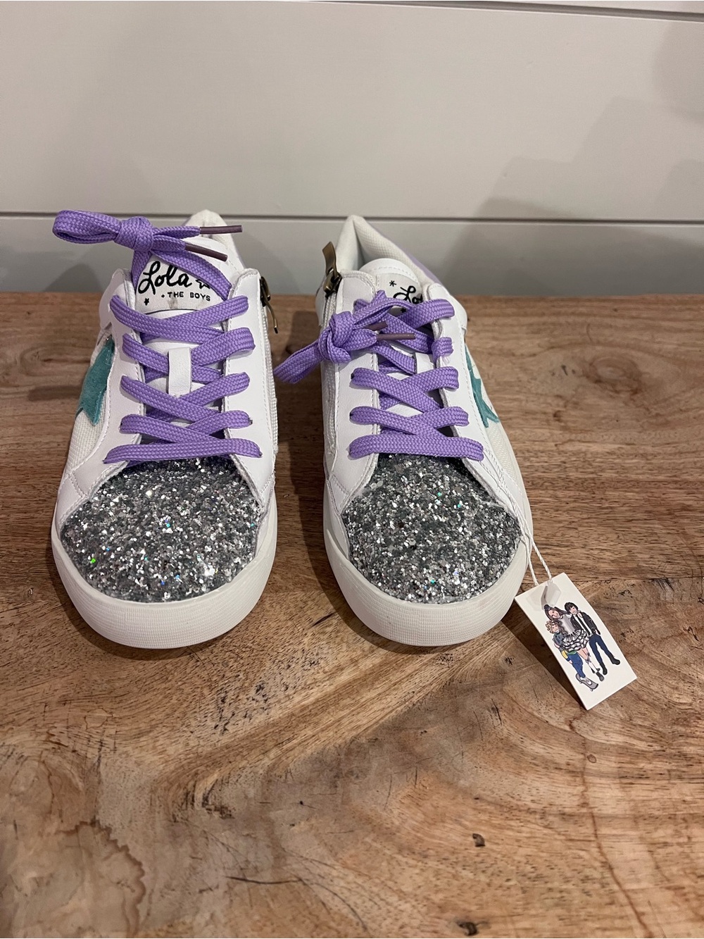 Lola + The Boys White Sneakers with Silver Glitter Toes & Purple Laces